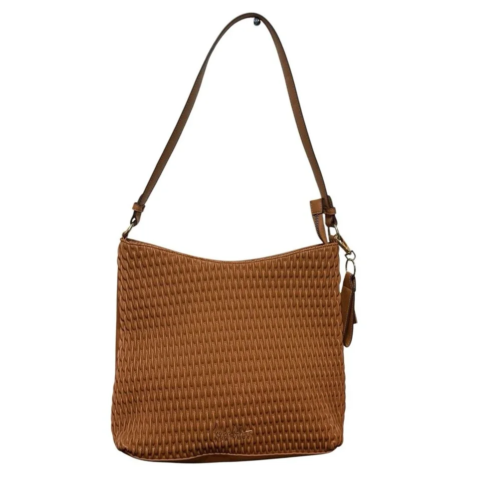Nicole Miller New York Brown Woven Satchel Shoulder Bag Purse Zip Gold HW EUC